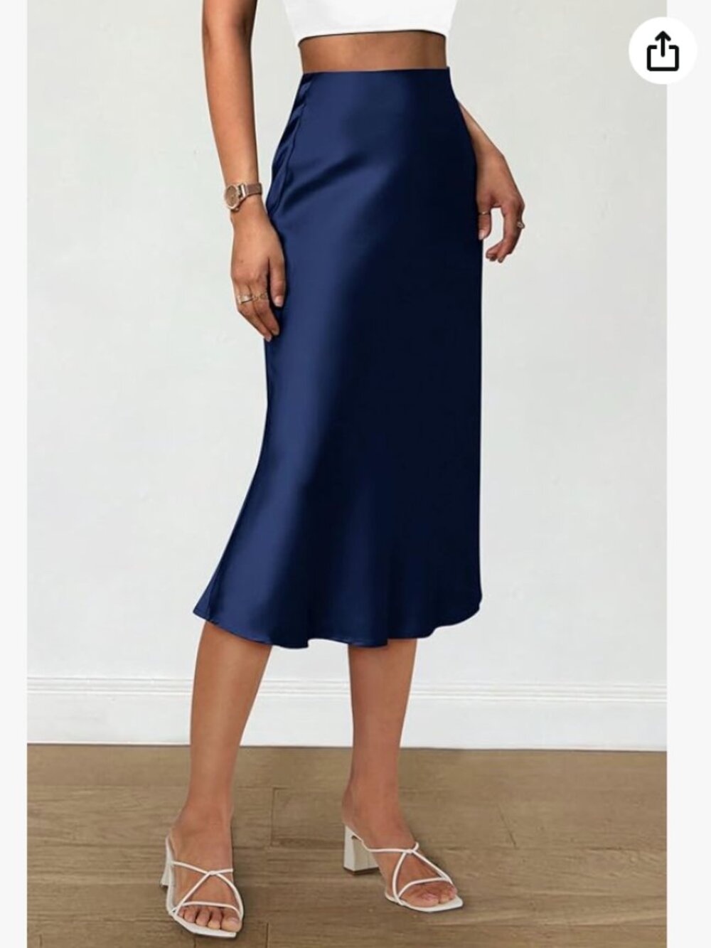 Navy Blue Stretch Satin Midi A-Line Skirt Size XL NWT - Picture 3 of 10